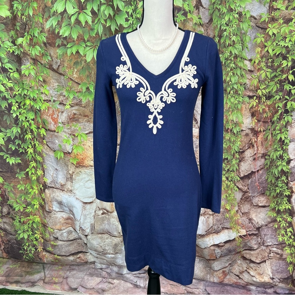 LILLY PULITZER Navy Blue Ponte White Applique Dress, XS - Picture 4 of 12